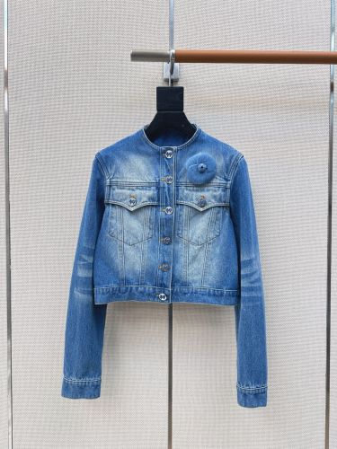 シャネル ジャケット 偽物 カメリア ノーカラー デニムジャケット クロップド丈