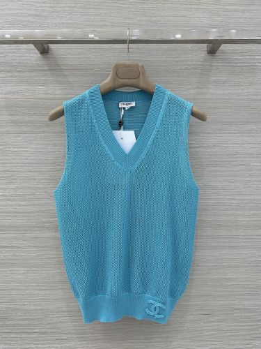 シンプル Vネック メッシュニット ベスト シャネル ニット 偽物 ブルー