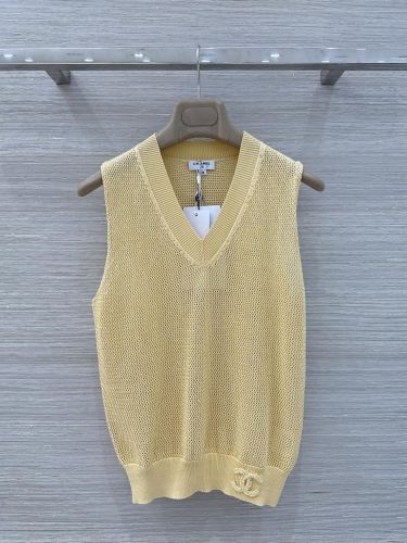 シンプル Vネック メッシュニット ベスト シャネル ニット 偽物 イエロー