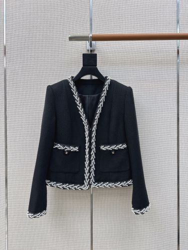 シャネル ジャケット 偽物 パールトリミング ツイード ノーカラージャケット