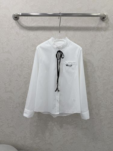 フリルネック リボン付き ロゴ刺繍 ブラウス シャネル シャツ コピー ホワイト