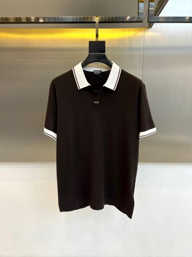洗練された スキッパーネック ポロシャツ エルメネジルド・ゼニア Tシャツ 偽物 ダークブラウン