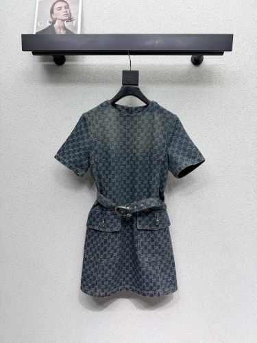 GG総柄 ベルト付き デニムドレス グッチ ワンピース コピー 半袖 クルーネック