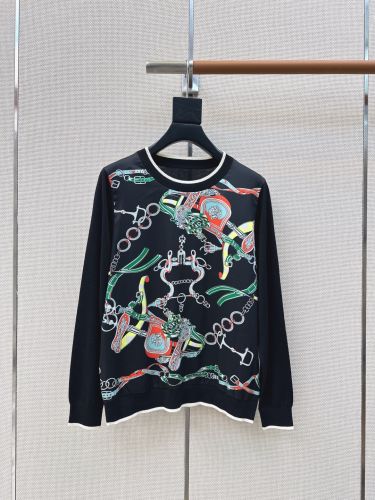 フロントプリント クルーネックニット エルメス セーター コピーブラック