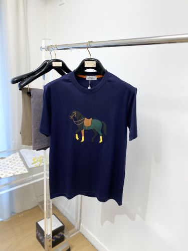 カジュアル ホースモチーフ クルーネック 半袖Tシャツ エルメス Tシャツ 偽物 ブルー