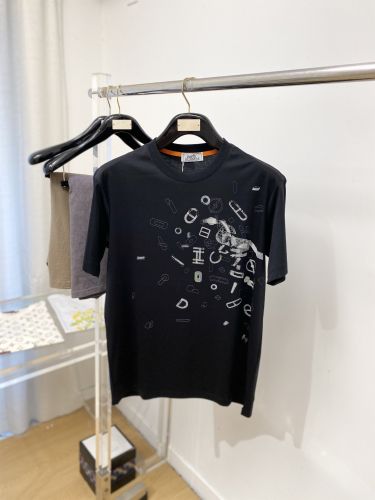 シンプル プリント クルーネック エルメス Tシャツ 偽物 半袖Tシャツ ブラック