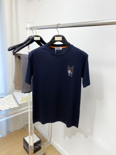 カジュアル レザーパッチ 半袖Tシャツ エルメス Tシャツ 偽物 ネイビー