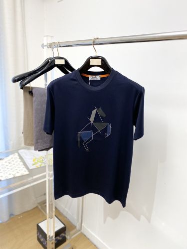 カジュアル ホース レザーパッチ クルーネック エルメス Tシャツ 偽物 ネイビー