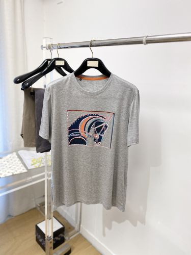 お洒落 プリント 半袖Tシャツ エルメス Tシャツ 偽物 クルーネック グレー