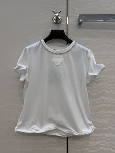 シンプル ビジュー装飾 半袖Tシャツプラダ Tシャツ 偽物 コットン ホワイト
