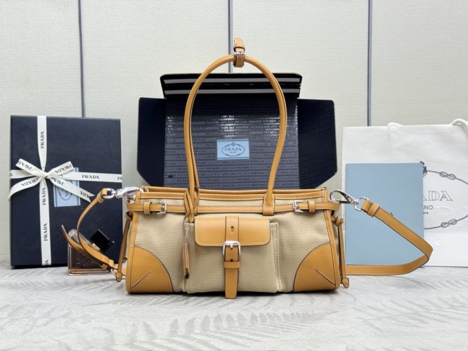 プラダ ボニー ミディアム リネン レザー ハンドバッグ スーパーコピー 1BA426