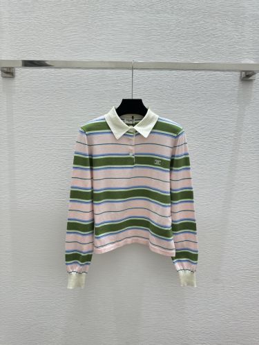 トリオンフ刺繍 マルチボーダー 長袖ポロシャツ セリーヌ Tシャツ 偽物