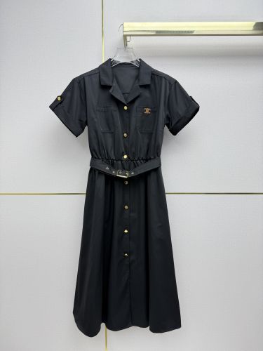 洗練された ベルト付き 半袖ワンピース セリーヌ ワンピース 偽物 ブラック