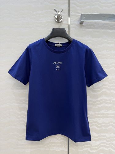 シンプル コットン ロゴ入り 半袖Tシャツ セリーヌ Tシャツ 偽物 ブルー
