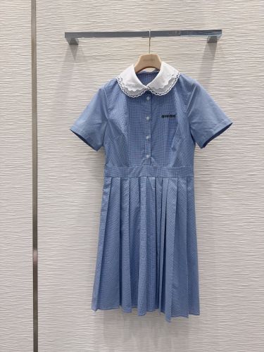 ギンガムチェック コットン ドレス ミュウミュウ ワンピース コピー ブルー