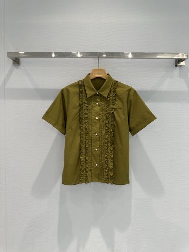 ロゴ入り コットン 半袖シャツ ミュウミュウ シャツ コピー オリーブ