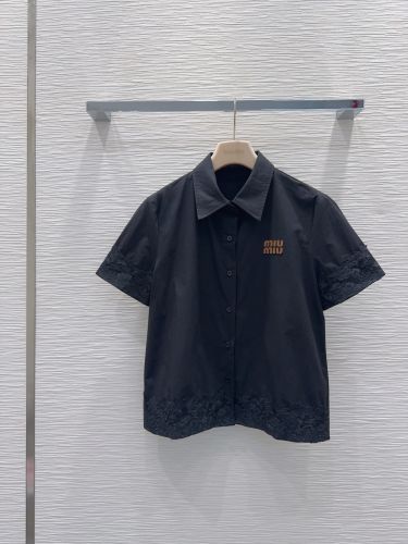 上品 ロゴ入り コットン 半袖シャツ ミュウミュウ シャツ コピー ブラック