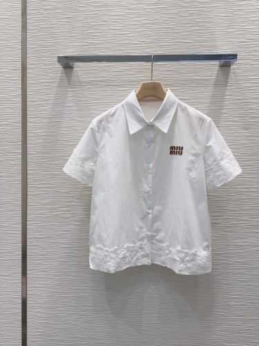 上品 ロゴ入り コットン 半袖シャツ ミュウミュウ シャツ コピー ホワイト