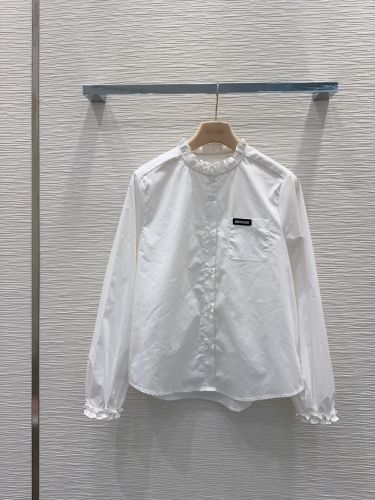 ロゴ入り フリルカラー コットンシャツ ミュウミュウ シャツ コピー ホワイト