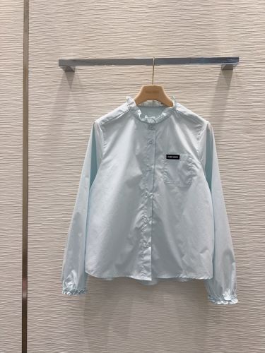 ロゴ入り フリルカラー コットンシャツ ミュウミュウ シャツ コピー ライトブルー