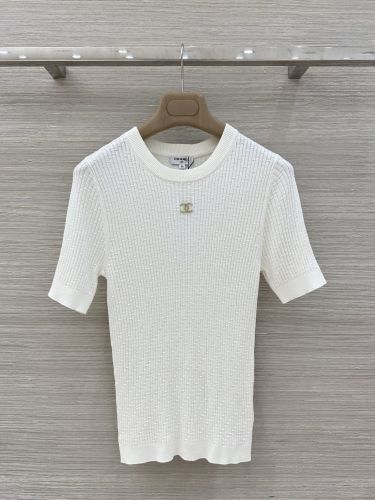 定番 リブ編み 半袖ニット シャネル ニット コピー クルーネック ホワイト