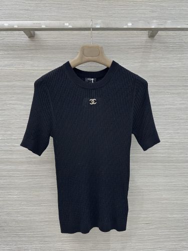 定番 リブ編み 半袖ニット シャネル ニット コピー クルーネック ブラック