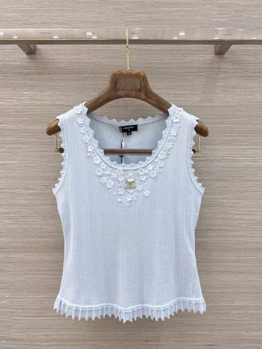 ウール フラワーモチーフ ニットベスト シャネル ニット コピー ライトブルー