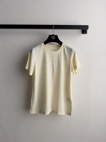 ボーダー柄 ロゴ クルーネック 半袖Tシャツ シャネル Tシャツ コピー イエロー