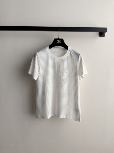 ボーダー柄 ロゴ クルーネック 半袖Tシャツ シャネル Tシャツ コピー ホワイト