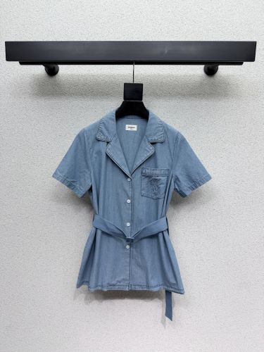 YSLロゴ ベルテッド デニム ショートスリーブシャツ イヴ・サンローラン シャツ コピー