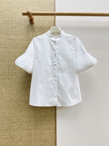 プリーツスリープ コットン 半袖シャツ ヴァレンティノ シャツ 偽物 ホワイト