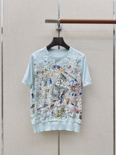 大人エレガント 半袖 プリント サマーニット エルメス ニット コピー ライトブルー