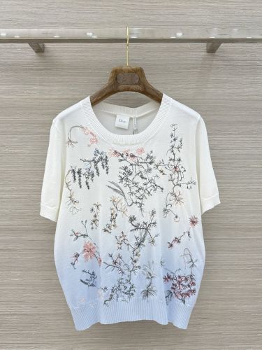 ボタニカル刺繍 グラデーション 半袖 サマーニット クリスチャン・ディオール ニット コピー ブルー