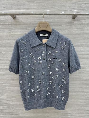 ビジュー付き ニット ポロシャツ ミュウミュウ ニット コピー ウール グレー