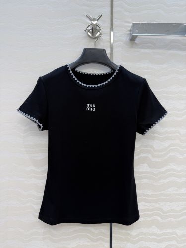 大人可愛い 洗練された リブTシャツ ミュウミュウ Tシャツ コピー ブラック