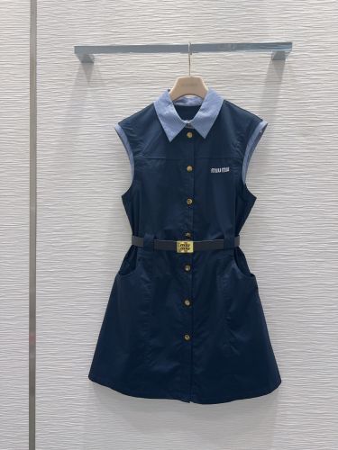 ミュウミュウ ワンピース コピー レイヤード風 ノースリーブ シャツワンピース ネイビー