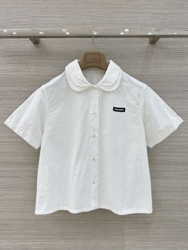 洗練された 可愛い コットンリネン 半袖シャツ ミュウミュウ シャツ