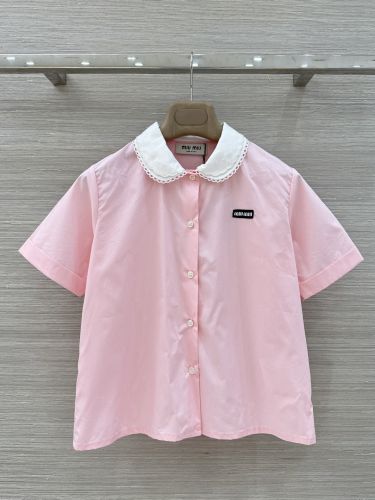 洗練された 可愛い コットンリネン 半袖シャツ ミュウミュウ シャツ コピー ピンク