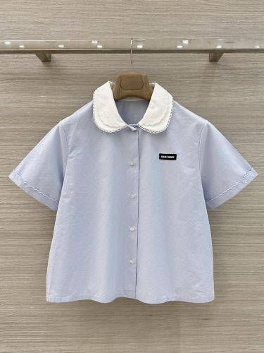 洗練された 可愛い コットンリネン 半袖シャツ ミュウミュウ シャツ コピー ライトブルー