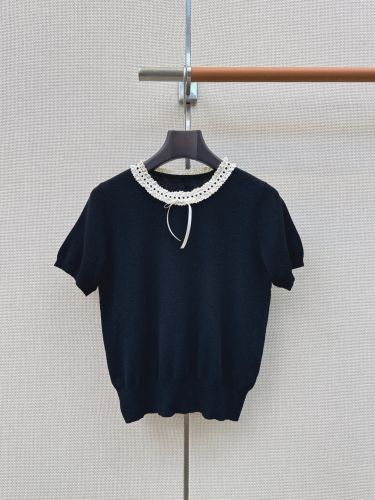大人 フェミニン レース襟 半袖 ニットトップス ミュウミュウ ニット コピー ブラック