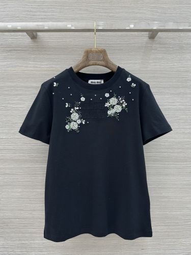 フラワー刺繍 クルーネックTシャツ ミュウミュウ Tシャツ コピー ブラック