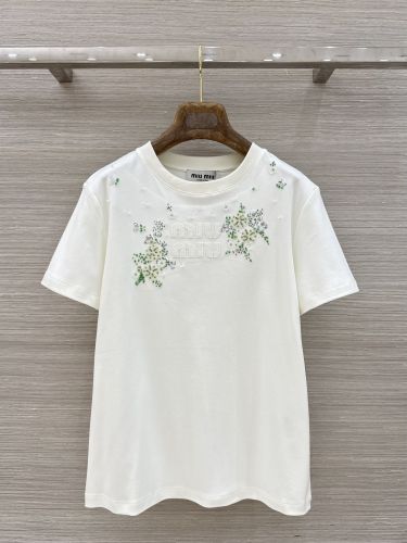 フラワー刺繍 クルーネックTシャツ ミュウミュウ Tシャツ コピー ホワイト