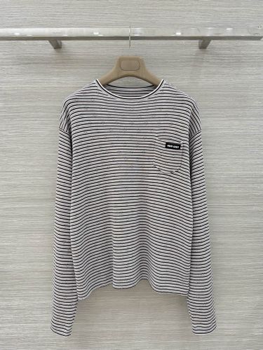 ボーダー柄 透かし編み 長袖Tシャツ ミュウミュウ Tシャツ コピー 