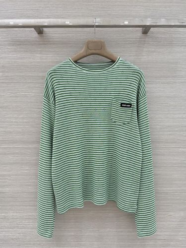 ミュウミュウ Tシャツ コピー ボーダー柄 透かし編み 長袖Tシャツ 