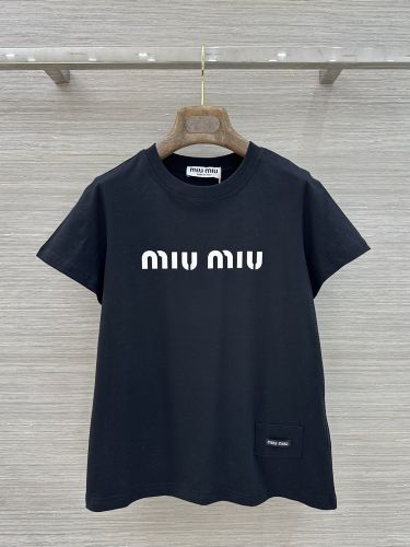 シンプル ロゴ入り コットン ミュウミュウ Tシャツ コピー ブラック
