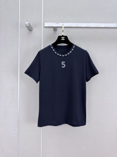 ビジューネックコットン 半袖Tシャツ シャネル Tシャツ コピー ネイビー