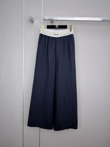 クロシェ編みウエスト リネン混 ワイドパンツ シャネル パンツ 偽物 ネイビー