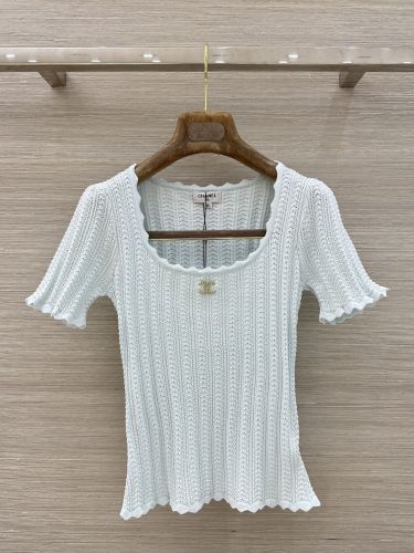 フェミニン 透かし編み 半袖 サマーニット シャネル ニット 偽物 ライトブルー