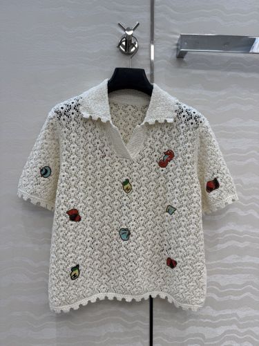 刺繍入り 透かし編み ニット ポロシャツ シャネル ニット 偽物 オフホワイト