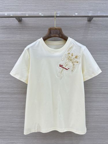 刺繍入り コットン 半袖Tシャツ シャネル Tシャツ コピー ペールイエロー